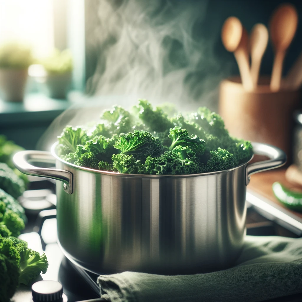 DALL·E 2024 04 22 14.09.24 A kitchen scene showing a pot of steaming kale being cooked on a stove. The focus is on the vibrant green color of the kale in contrast to the stainle