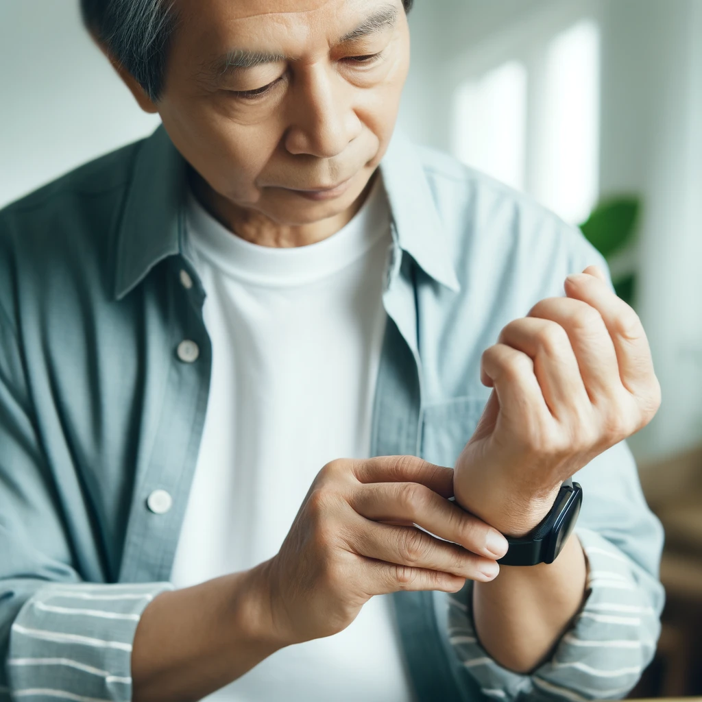 DALL·E 2024 04 26 15.10.12 A senior Asian man checking his pulse by placing fingers on his wrist wearing casual clothes with a calm expression in a bright and clean indoor se