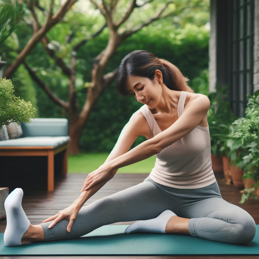 DALL·E 2024 04 26 15.10.14 A middle aged woman wearing comfortable workout clothes practicing yoga in a peaceful outdoor setting. She is performing a stretching pose on a yoga m