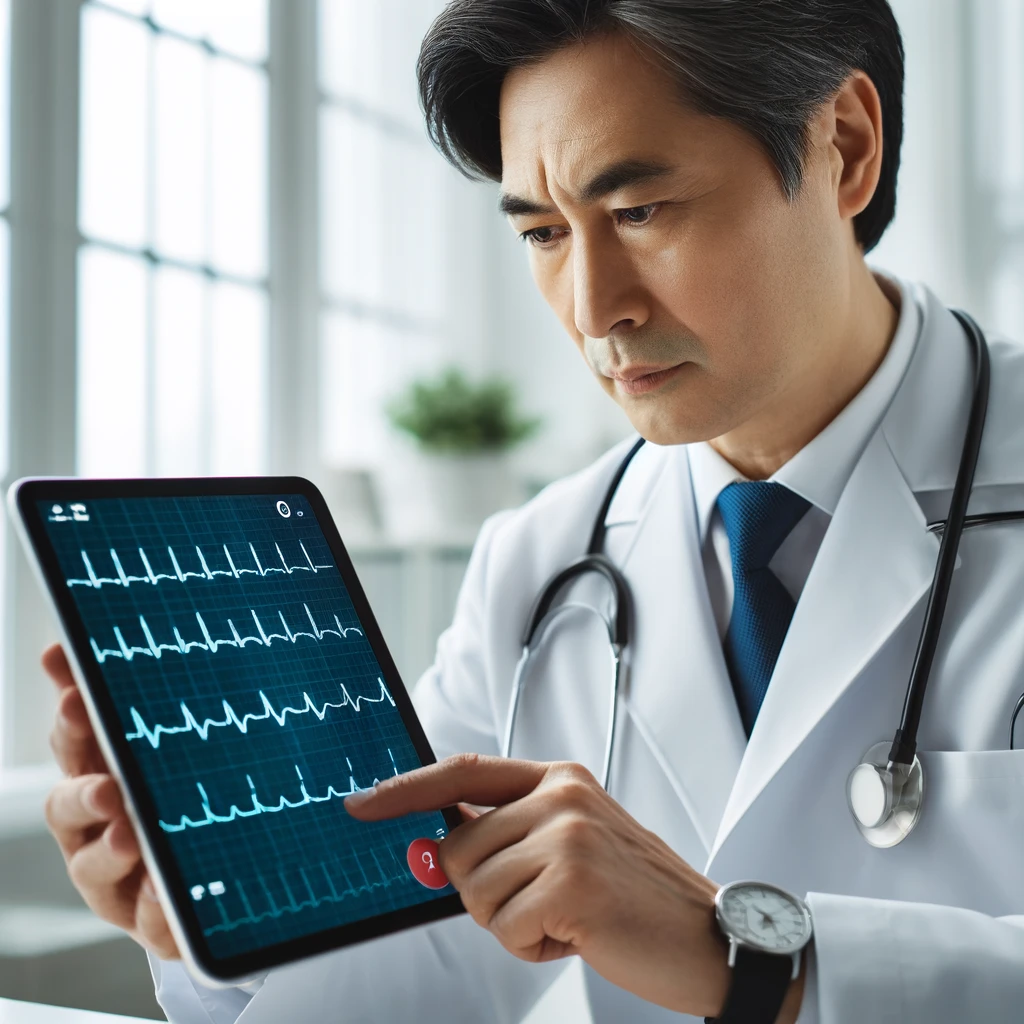 DALL·E 2024 04 26 15.10.16 A doctor examining a heart monitor display showing an ECG graph. The doctor a middle aged Asian man is focused and professional wearing a white la 1