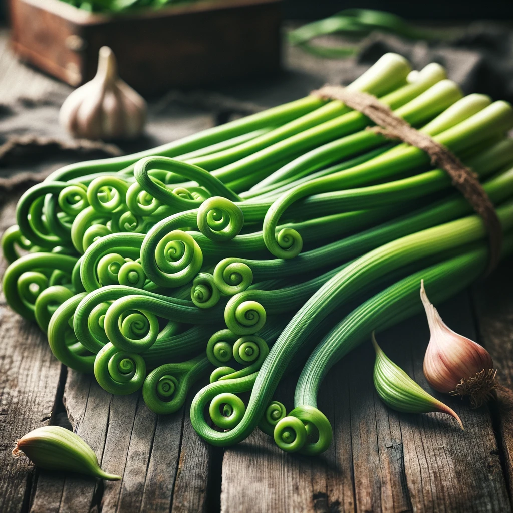 DALL·E 2024 05 13 18.30.19 A fresh bunch of garlic scapes vibrant green and freshly washed laying on a rustic wooden table. The scapes are long and curly with a distinct textu 1