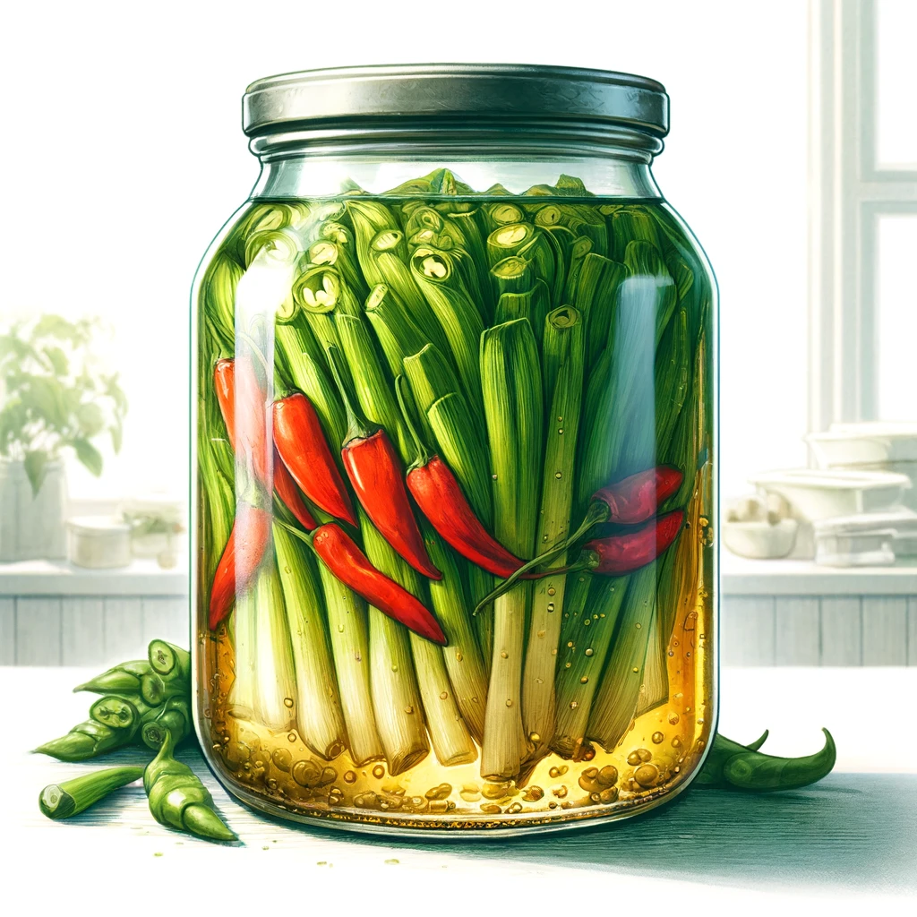 DALL·E 2024 05 13 18.30.22 An illustration of garlic scapes jangajji Korean pickled garlic scapes in a clear glass jar. The jar is filled with vibrant green garlic scapes int