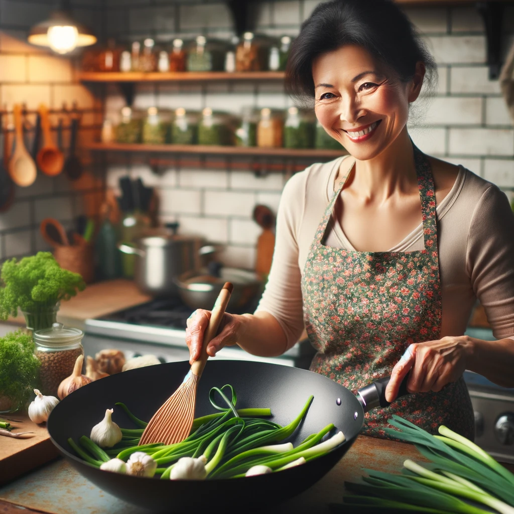 DALL·E 2024 05 13 18.30.24 A cozy kitchen scene featuring a person cooking garlic scapes. The person a middle aged Asian woman is stir frying bright green garlic scapes in a l 1