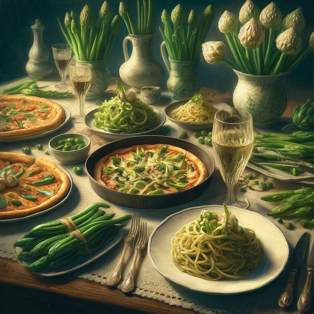 DALL·E 2024 05 13 18.30.26 An artistic depiction of a variety of garlic scapes dishes served on a dining table. The scene includes plates of garlic scapes stir fry garlic scape