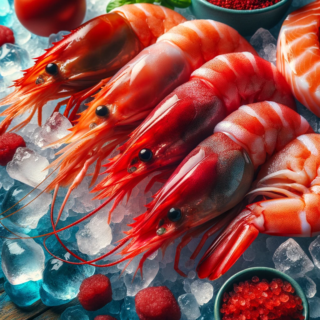 DALL·E 2024 05 24 13.05.15 A close up of vibrant red shrimp and salmon highlighting their natural red color due to astaxanthin placed on a bed of ice with a blue background 1