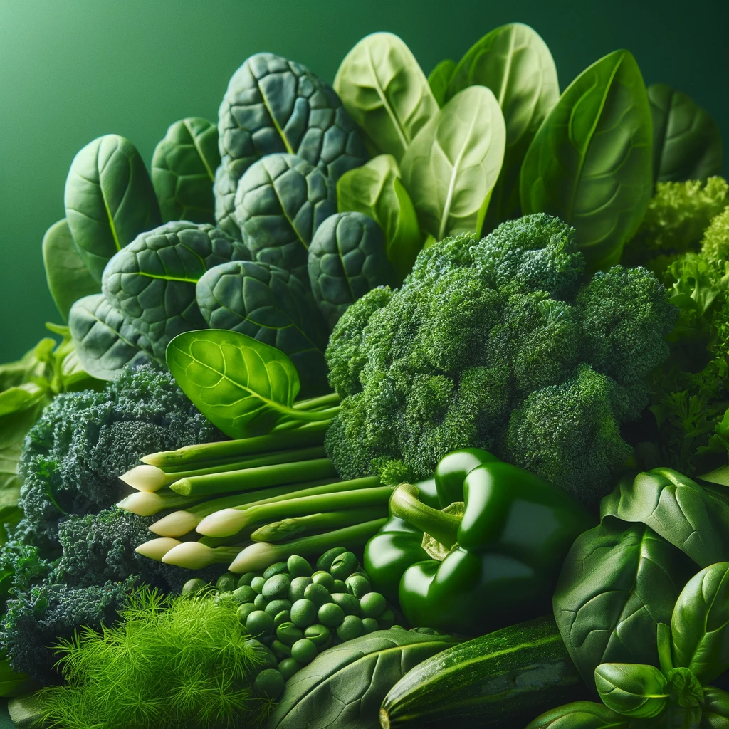 DALL·E 2024 05 24 13.05.16 A close up image of fresh vegetables like kale and spinach rich in lutein and zeaxanthin with a green background highlighting their natural color 1