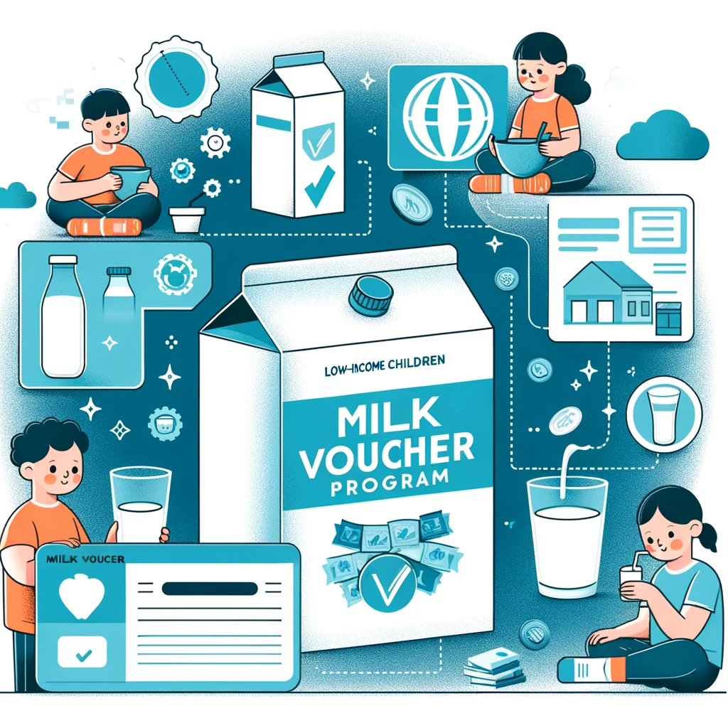 DALL·E 2024 05 25 18.19.49 An infographic style image showing the concept of a milk voucher program. It includes visuals of milk cartons a voucher card and children enjoying m