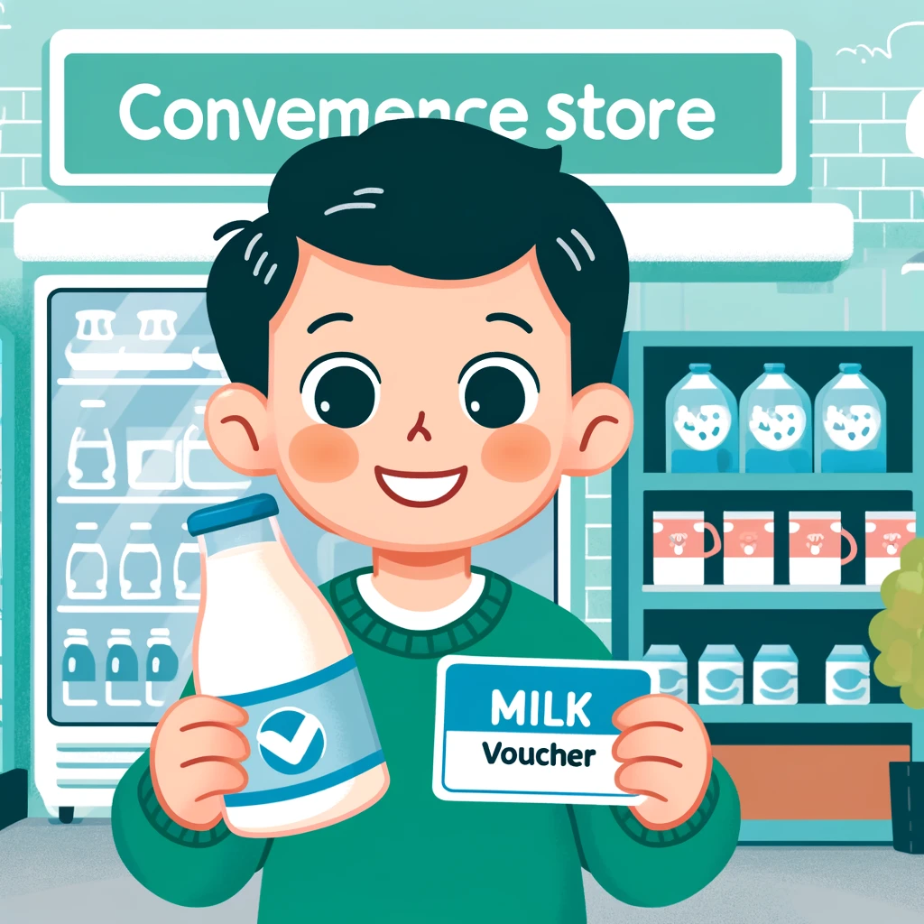 DALL·E 2024 05 25 18.19.50 A happy child holding a milk voucher card in front of a convenience store. The store has a sign indicating it accepts milk vouchers. The background in