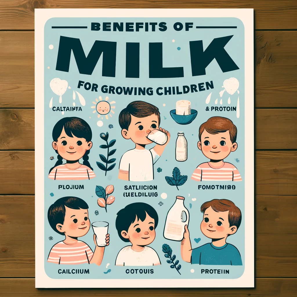 DALL·E 2024 05 25 18.19.54 An educational poster about the benefits of milk for children. It includes illustrations of children drinking milk and highlights nutrients like calc