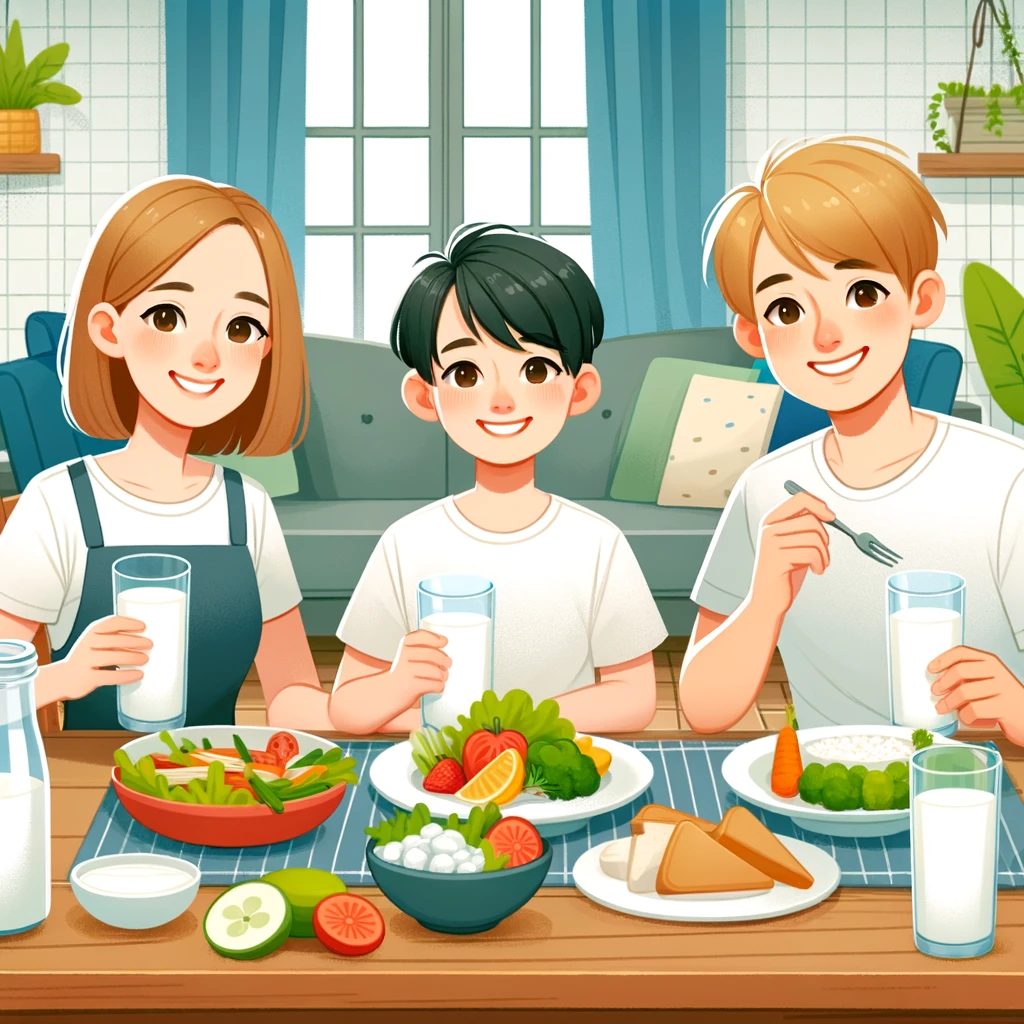 DALL·E 2024 05 25 18.19.56 A family enjoying a meal at home with milk on the table. The scene emphasizes the importance of milk in daily nutrition. The family members are smilin