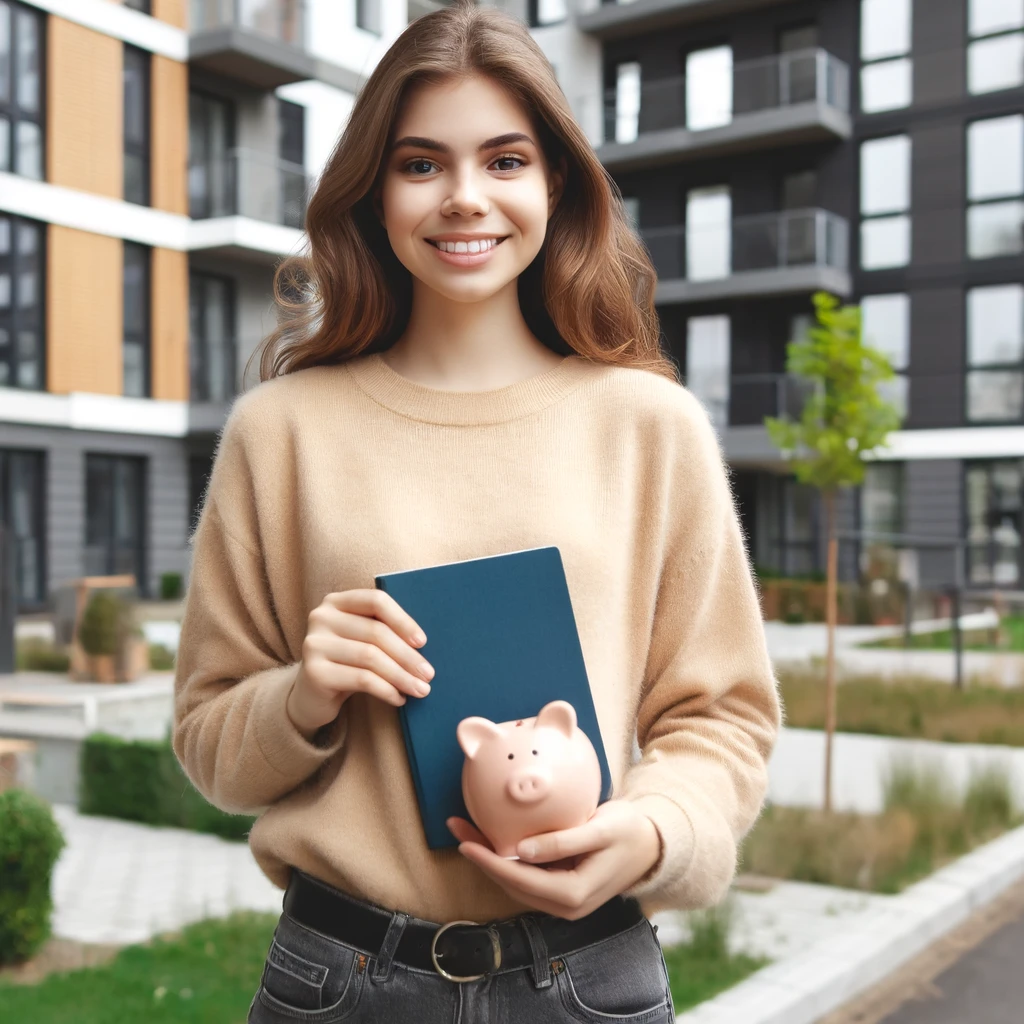 DALL·E 2024 05 27 15.28.20 A young person in their 20s standing in front of a modern apartment building looking happy and holding a savings book