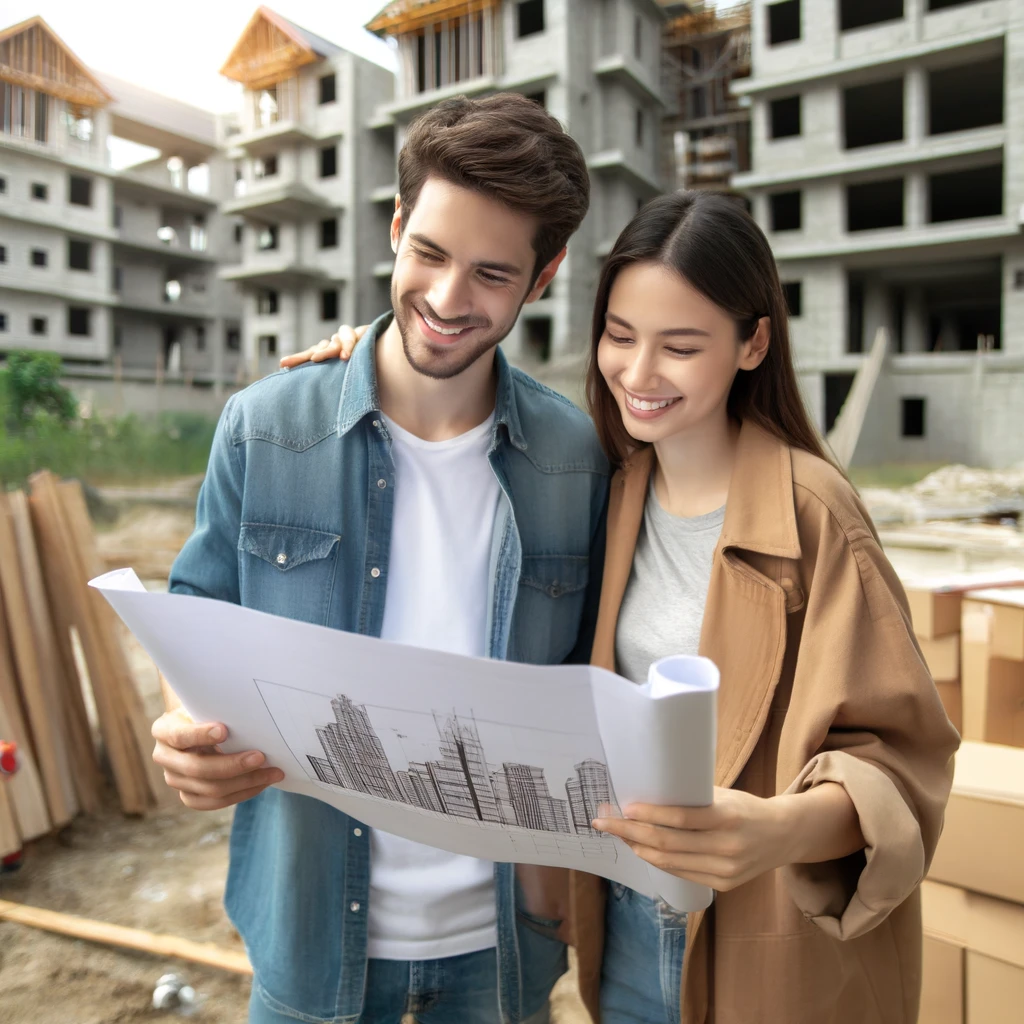 DALL·E 2024 05 27 15.28.29 A young couple reviewing housing plans in front of a construction site smiling and excited about their future home