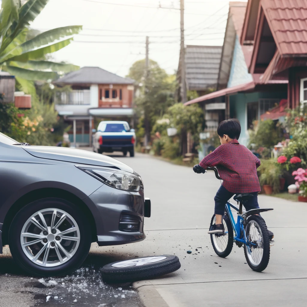 DALL·E 2024 05 29 17.02.59 A child riding a bicycle in a residential neighborhood accidentally hitting a parked car 2