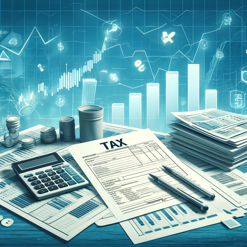 DALL·E 2024 05 31 13.20.38 Illustration of tax documents and calculators on a desk representing the complexity of taxes related to stock trading