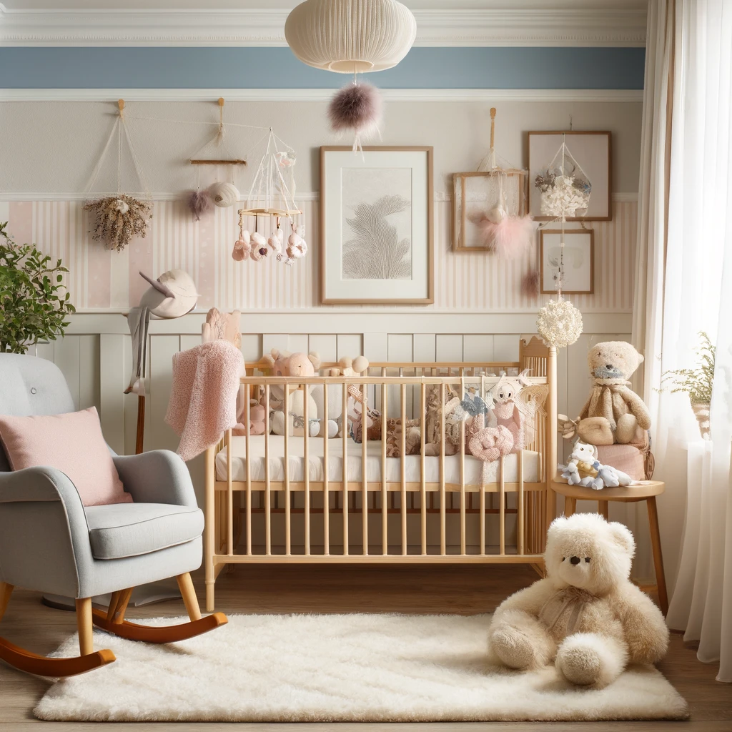 DALL·E 2024 06 13 18.50.19 A cozy nursery room with a crib rocking chair and baby mobile decorated with soft pastel colors and stuffed animals