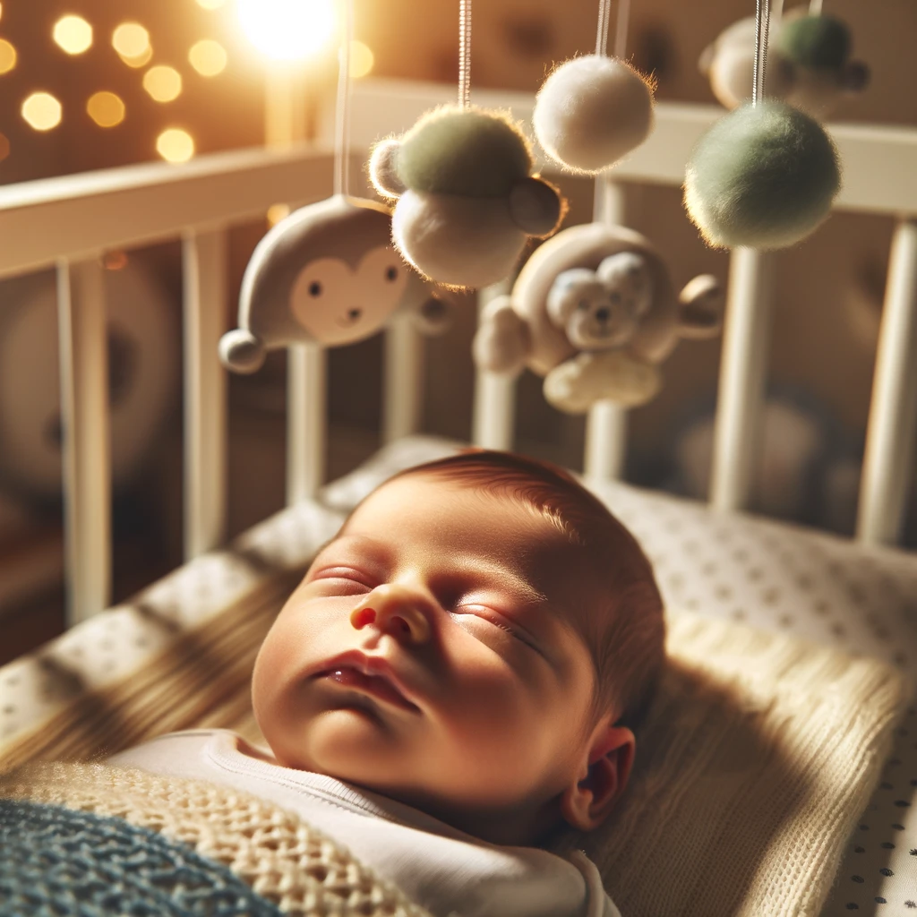 DALL·E 2024 06 13 18.51.00 A newborn baby in a crib with a mobile overhead soft lighting and a cozy atmosphere in the nursery