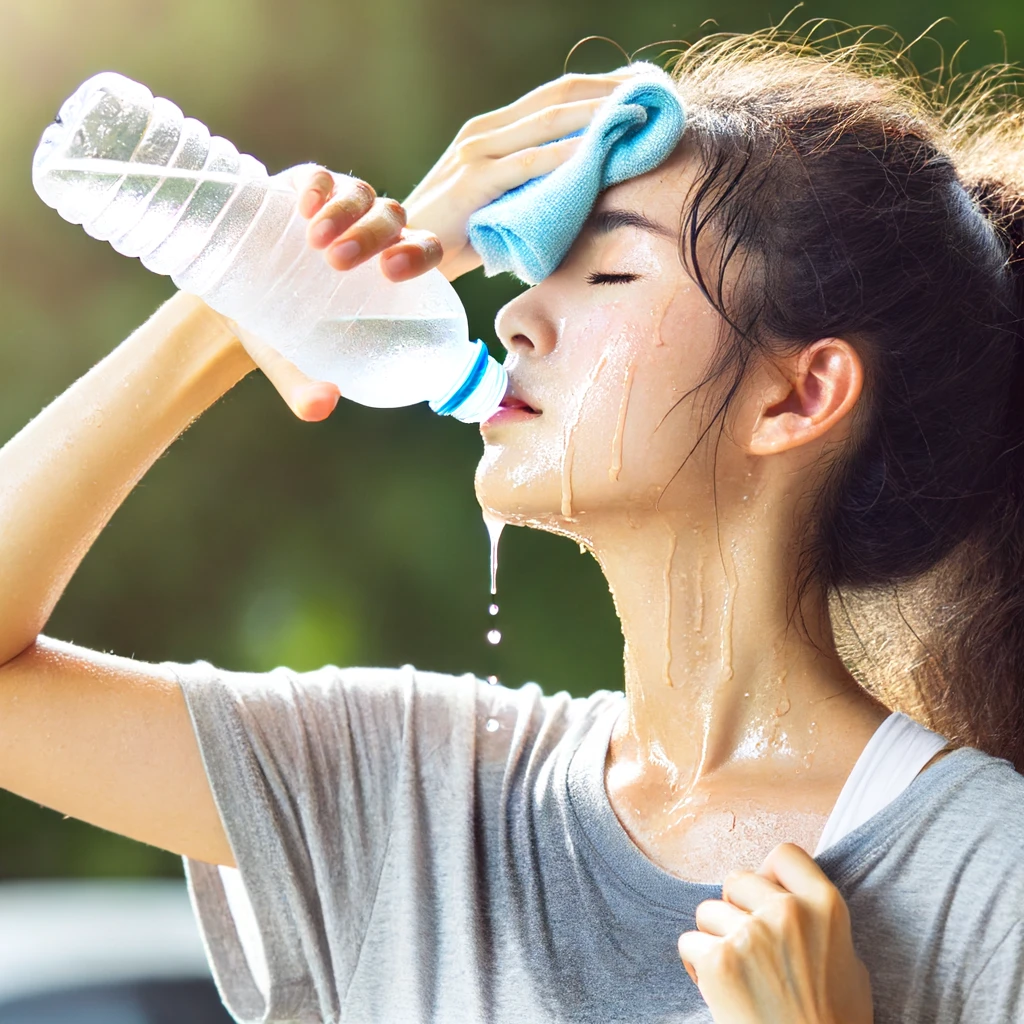 DALL·E 2024 06 17 20.20.57 A person drinking water and wiping sweat from their forehead on a hot summer day emphasizing the need to stay hydrated