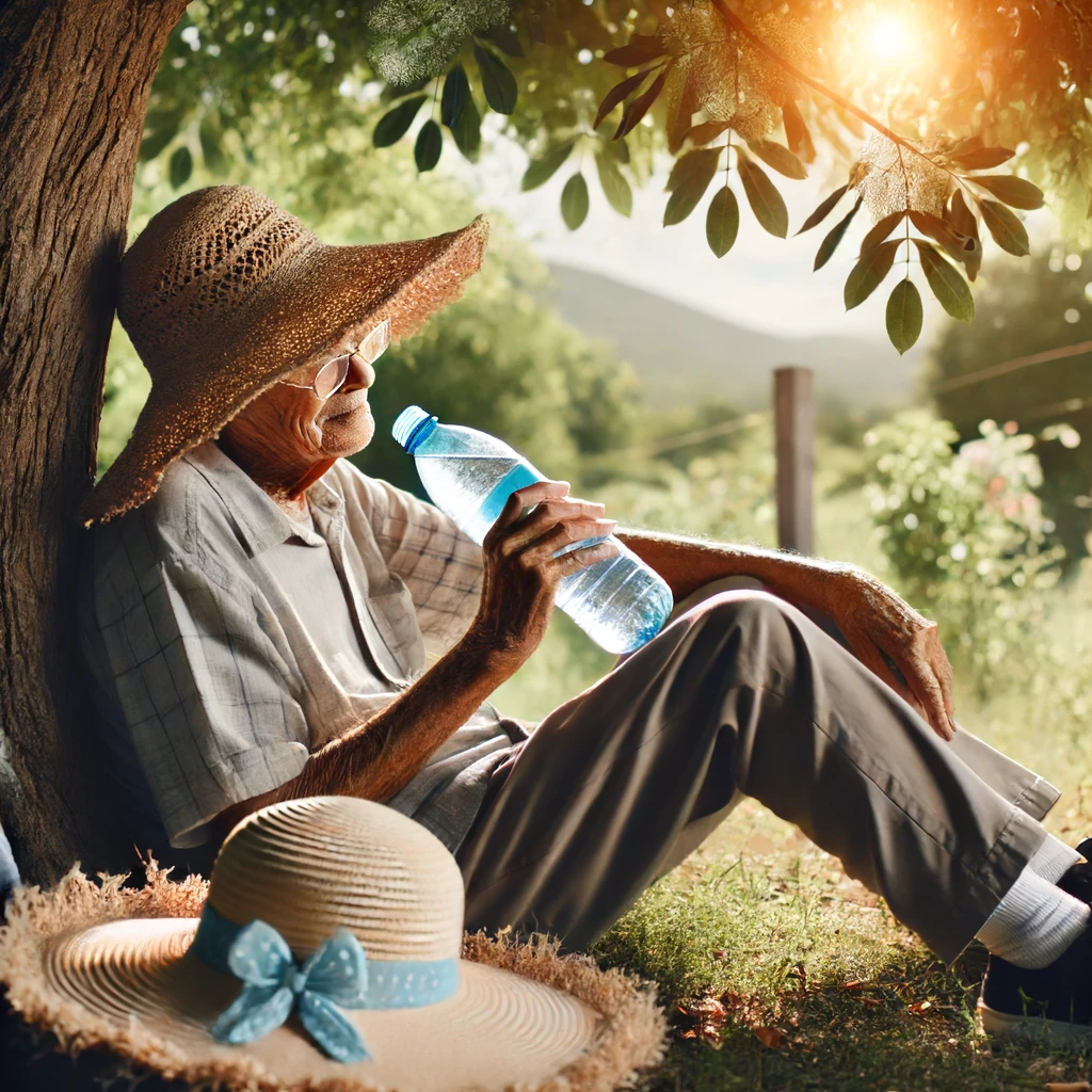 DALL·E 2024 06 17 20.21.03 An elderly person resting under a tree with a water bottle and a hat highlighting the importance of protecting vulnerable groups from heat