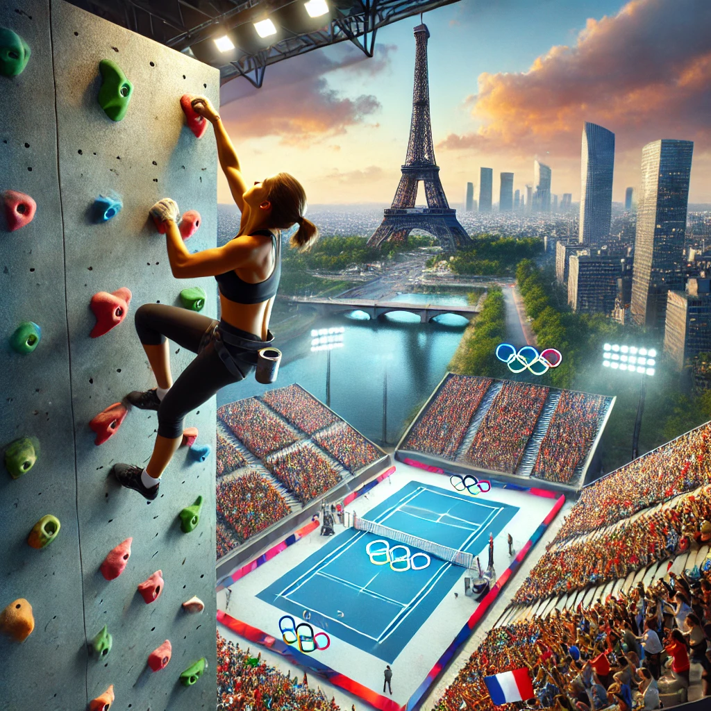 DALL·E 2024 07 19 14.46.18 An athlete climbing a sports climbing wall at the 2024 Paris Olympics with a cheering crowd and Paris skyline in the background