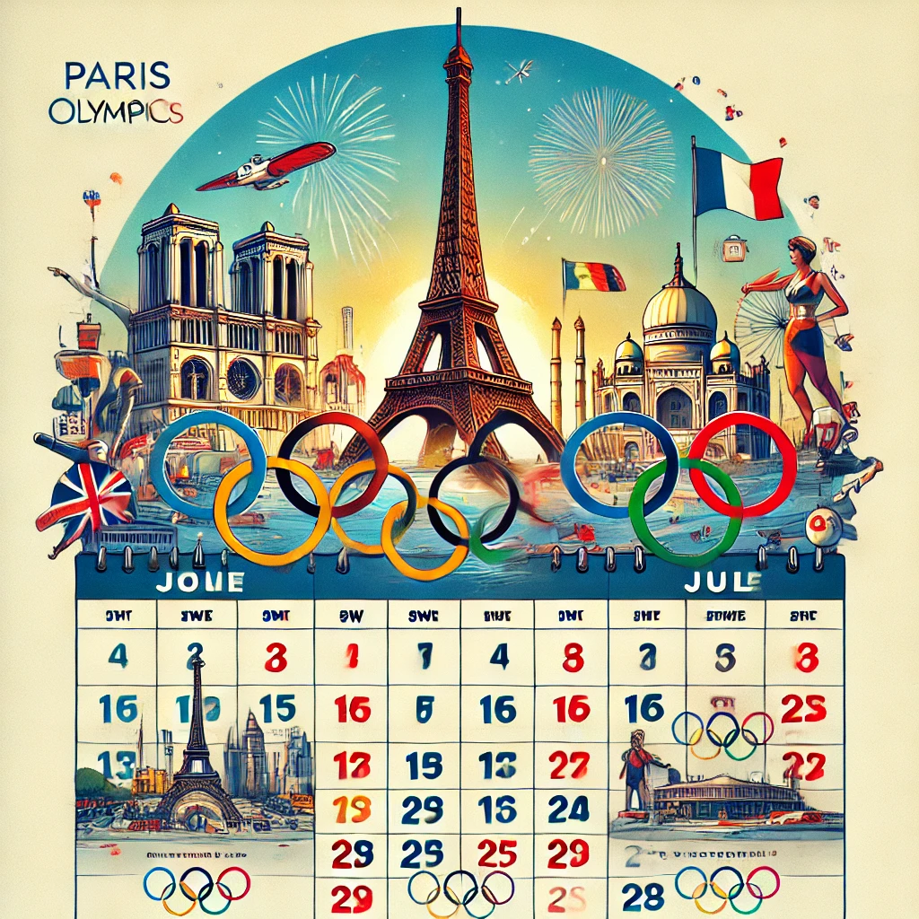 DALL·E 2024 07 19 17.03.08 A calendar illustration of the Paris Olympics showing key dates and events