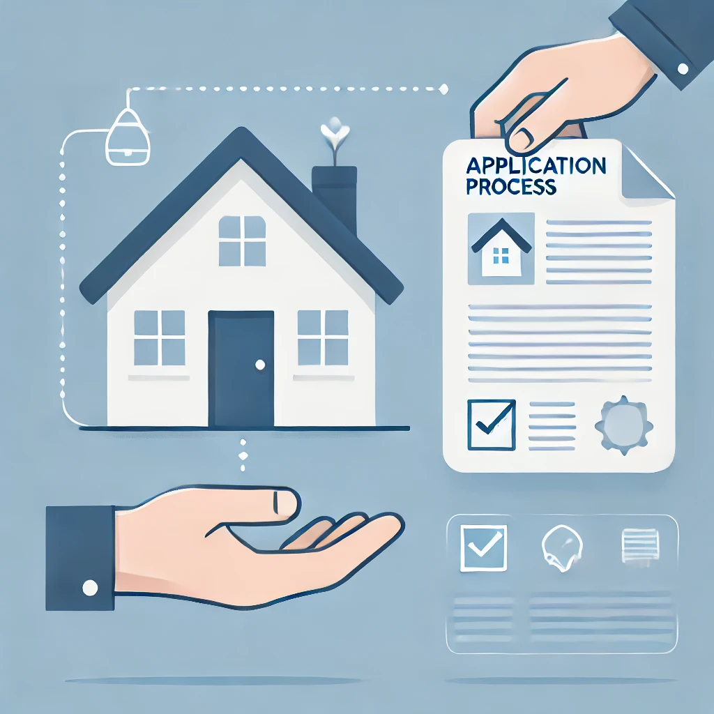 DALL·E 2024 07 23 14.14.15 A simple clean infographic style image showing a house and a hand holding a document to represent the application process for housing support