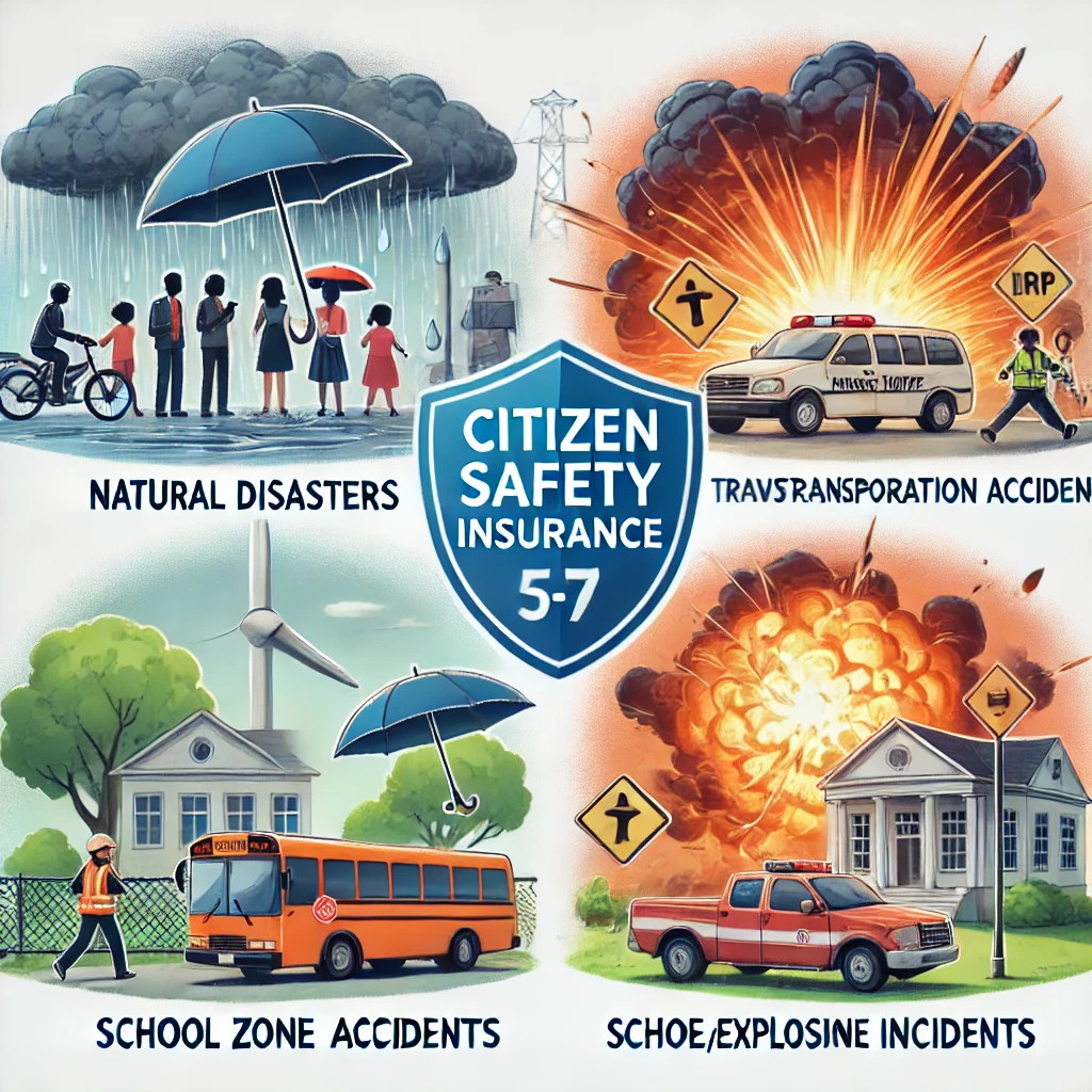 DALL·E 2024 08 06 15.34.45 An illustration showing different types of incidents covered by citizen safety insurance natural disasters public transportation accidents school z