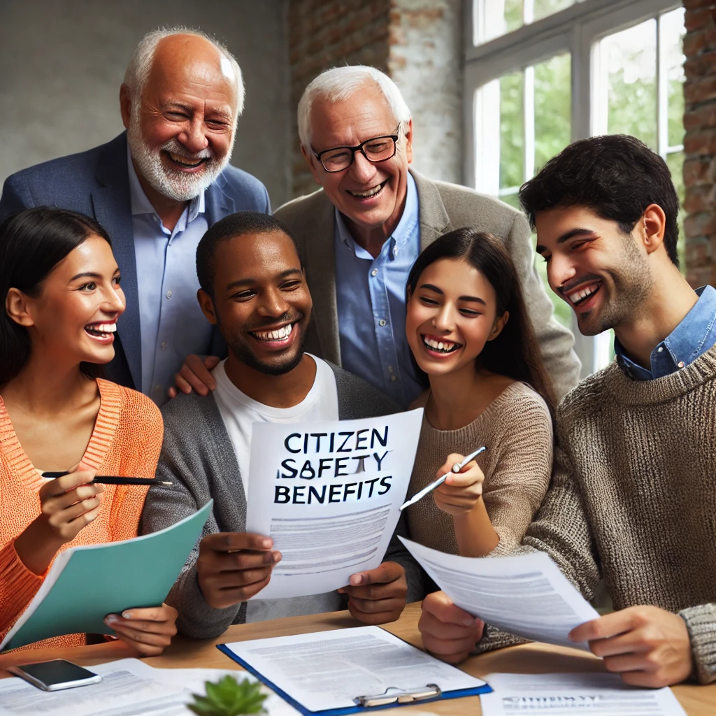 DALL·E 2024 08 06 15.34.47 A group of diverse people happily discussing their citizen safety insurance benefits in a community center. They are smiling and showing documents to