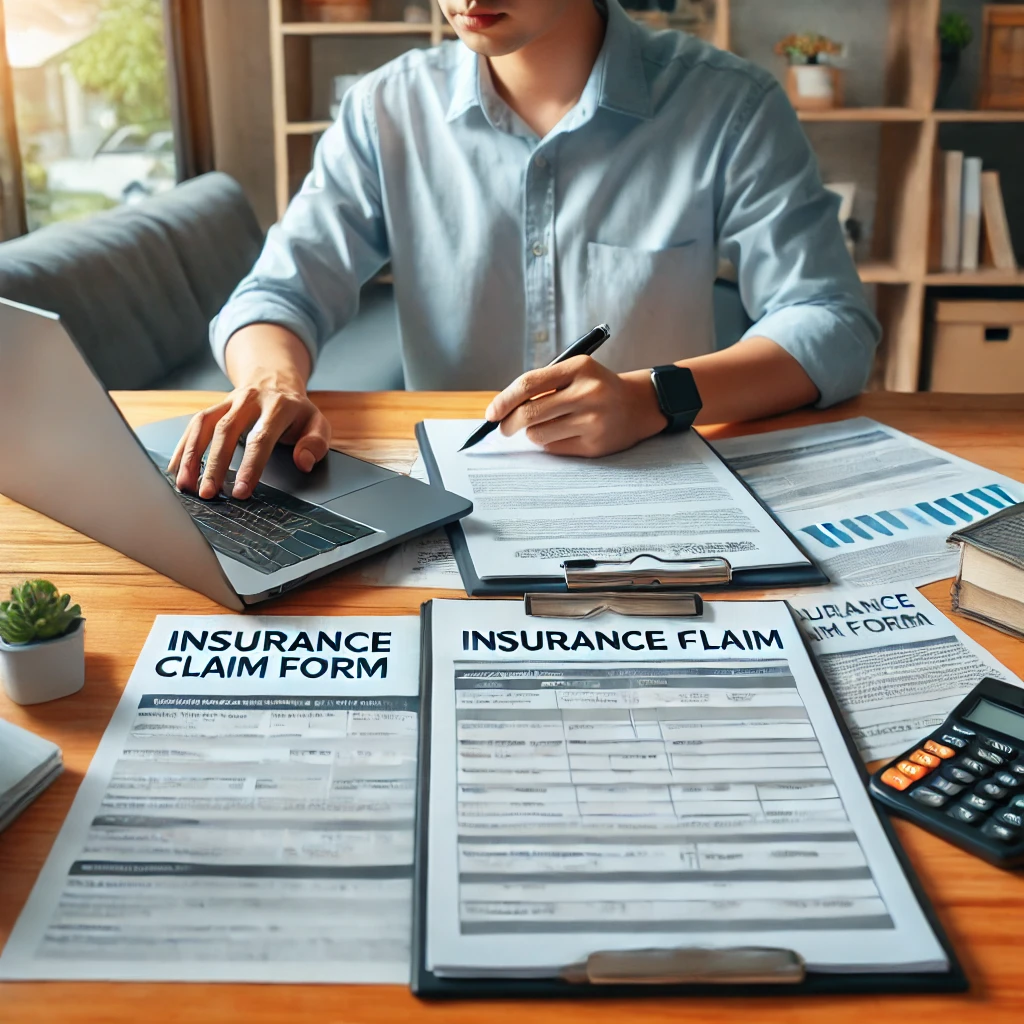 DALL·E 2024 08 06 15.34.55 A person filling out insurance claim forms at home with a laptop and various documents on the table. The laptop screen shows an online insurance form