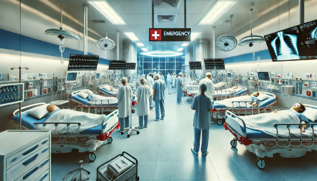 DALL·E 2024 09 11 16.29.25 An image showing an interior of a hospital emergency room during a busy period with medical staff attending to patients. The room is filled with medi