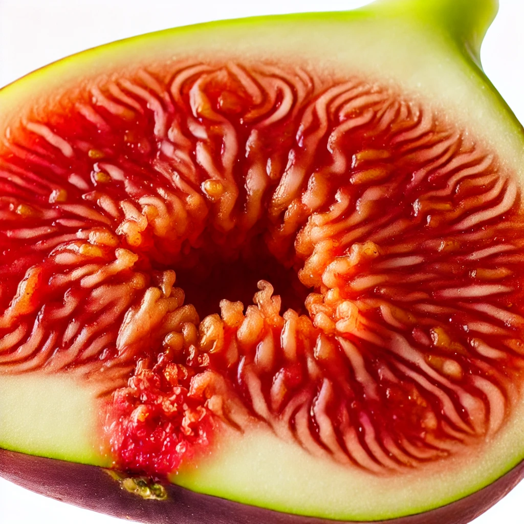 DALL·E 2024 09 13 20.30.17 A close up image of a fresh fig cut in half. The inside shows the rich red flesh and seeds clearly highlighting the texture and juiciness of the frui