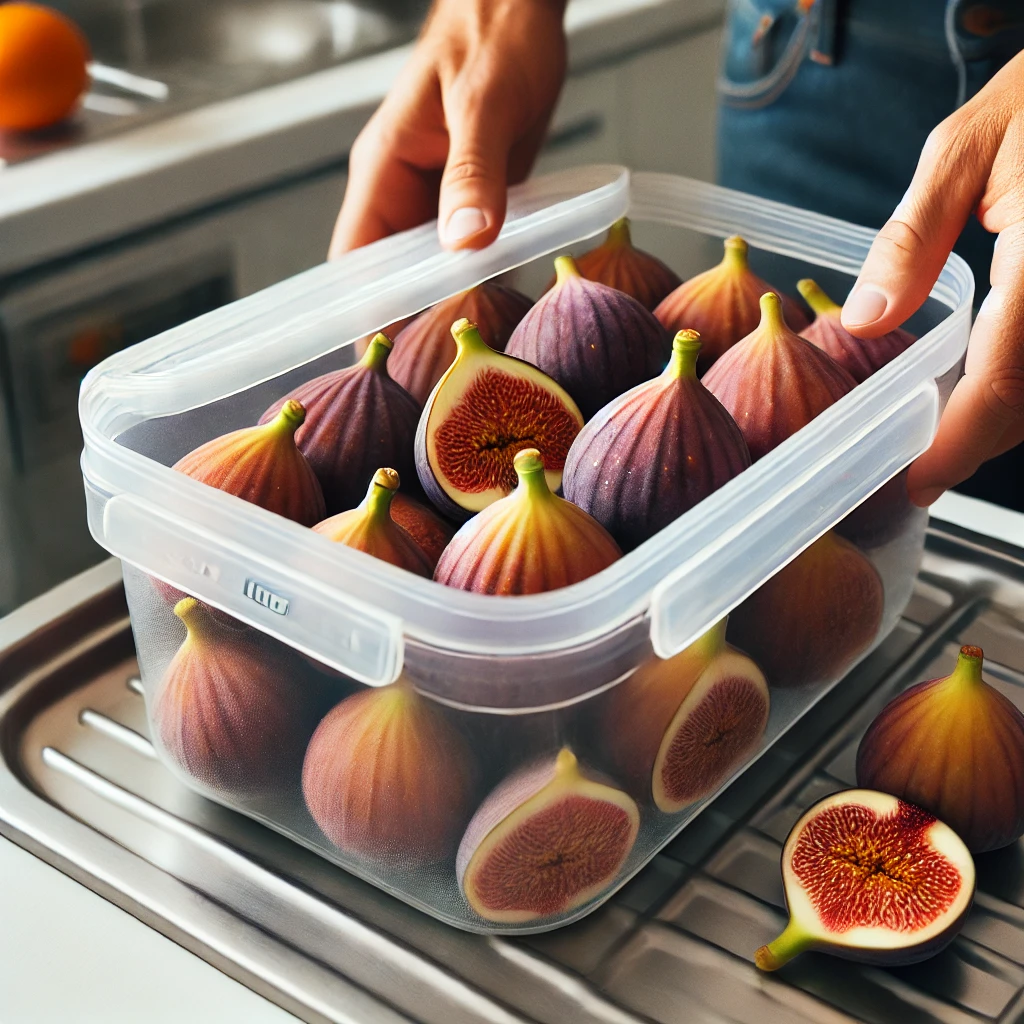 DALL·E 2024 09 13 20.30.23 An image of fresh figs being stored in a sealed container for refrigeration or freezing. The figs are placed neatly inside the container ready to be