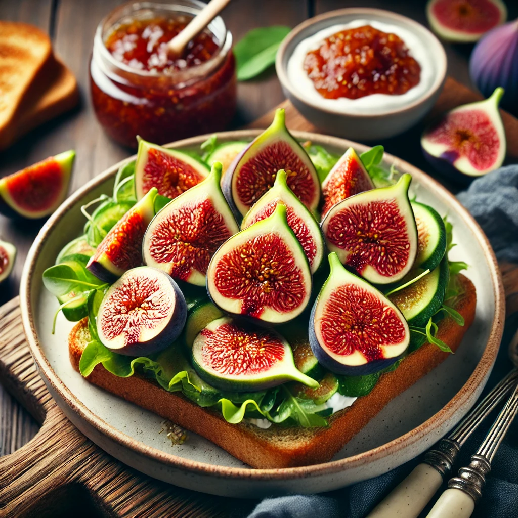 DALL·E 2024 09 13 20.30.25 An image of a dish featuring figs such as a salad with fresh figs fig jam spread on toast or yogurt topped with sliced figs. The focus is on how fi